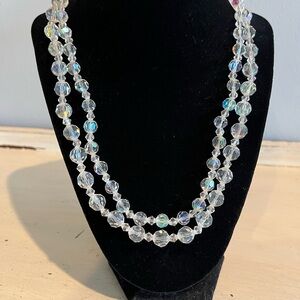 Vintage Double Strand Faceted Glass Aurora Borealis Bead Necklace Adjustable